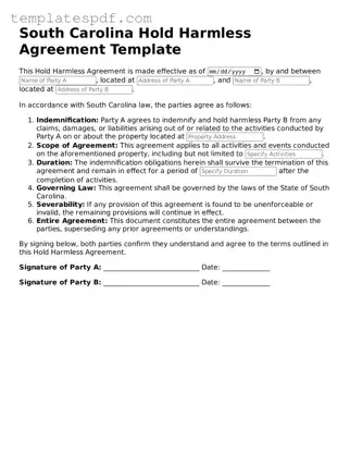 Official  Hold Harmless Agreement Form for South Carolina