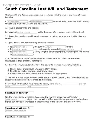 Official  Last Will and Testament Form for South Carolina