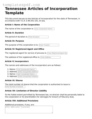 Official  Articles of Incorporation Form for Tennessee