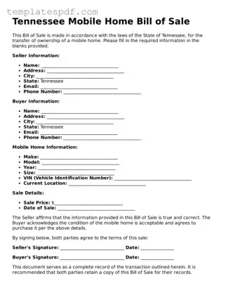 Official  Mobile Home Bill of Sale Form for Tennessee