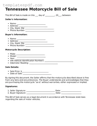 Official  Motorcycle Bill of Sale Form for Tennessee
