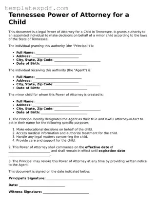 Official  Power of Attorney for a Child Form for Tennessee