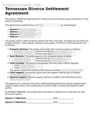 Official  Divorce Settlement Agreement Form for Tennessee