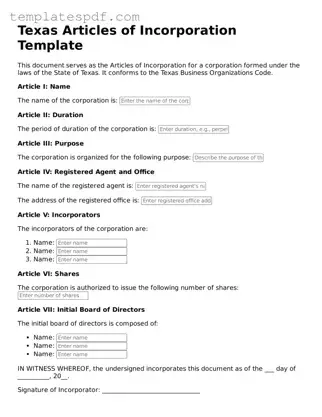 Official  Articles of Incorporation Form for Texas