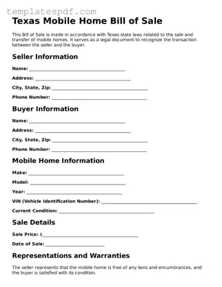 Official  Mobile Home Bill of Sale Form for Texas