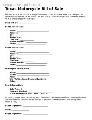 Official  Motorcycle Bill of Sale Form for Texas