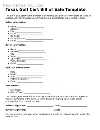 Official  Golf Cart Bill of Sale Form for Texas