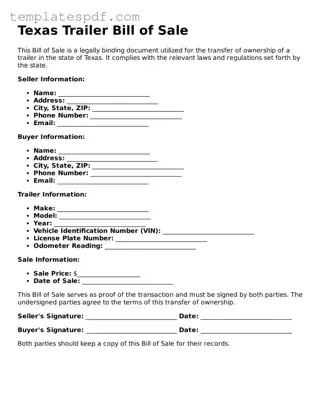 Official  Trailer Bill of Sale Form for Texas