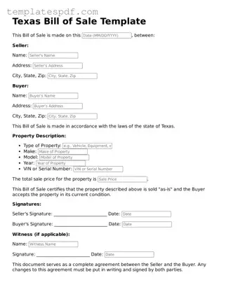 Official  Bill of Sale Form for Texas