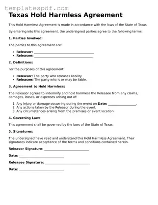 Official  Hold Harmless Agreement Form for Texas