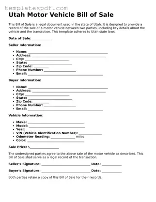 Official  Motor Vehicle Bill of Sale Form for Utah