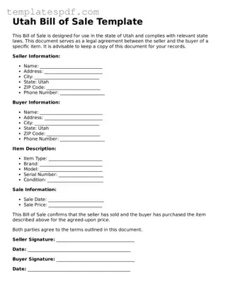 Official  Bill of Sale Form for Utah