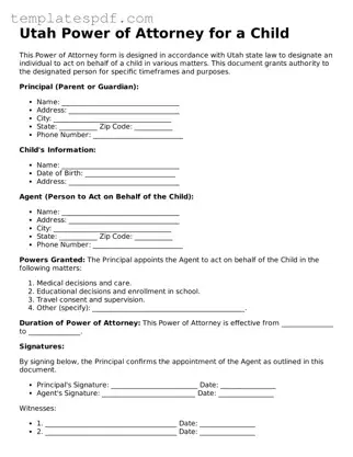 Official  Power of Attorney for a Child Form for Utah