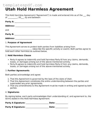 Official  Hold Harmless Agreement Form for Utah