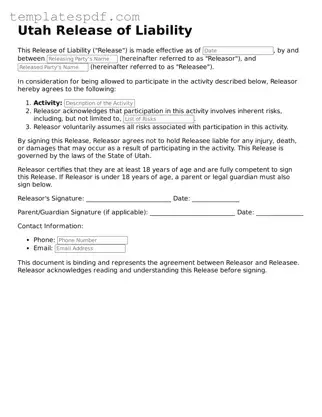 Official  Release of Liability Form for Utah