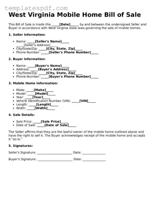 Official  Mobile Home Bill of Sale Form for West Virginia