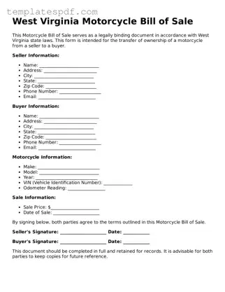 Official  Motorcycle Bill of Sale Form for West Virginia