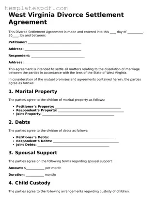 Official  Divorce Settlement Agreement Form for West Virginia