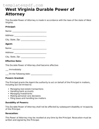 Official  Durable Power of Attorney Form for West Virginia
