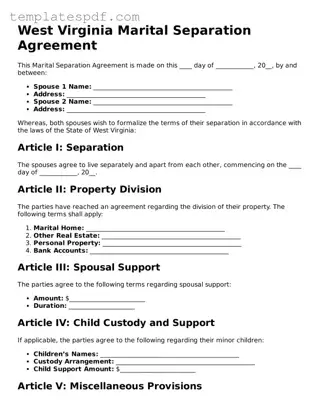 Official  Marital Separation Agreement Form for West Virginia