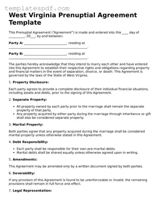 Official  Prenuptial Agreement Form for West Virginia