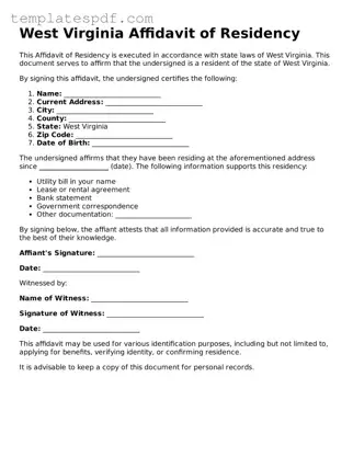 Official  Affidavit of Residency Form for West Virginia