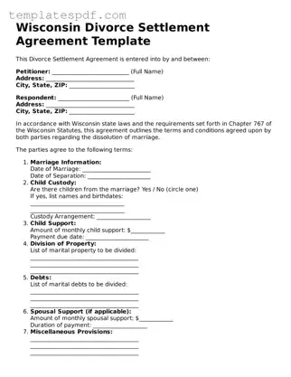 Official  Divorce Settlement Agreement Form for Wisconsin