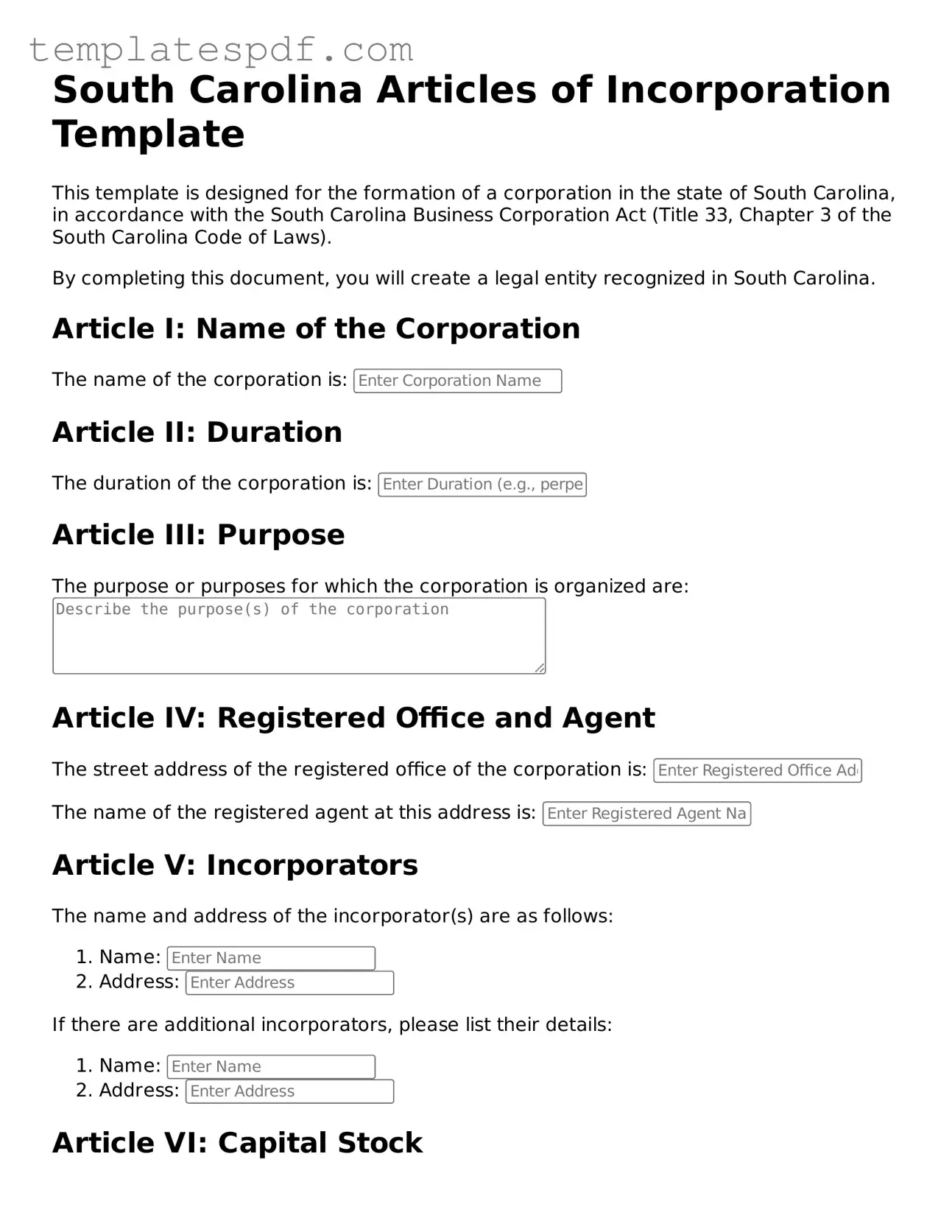 Official  Articles of Incorporation Form for South Carolina