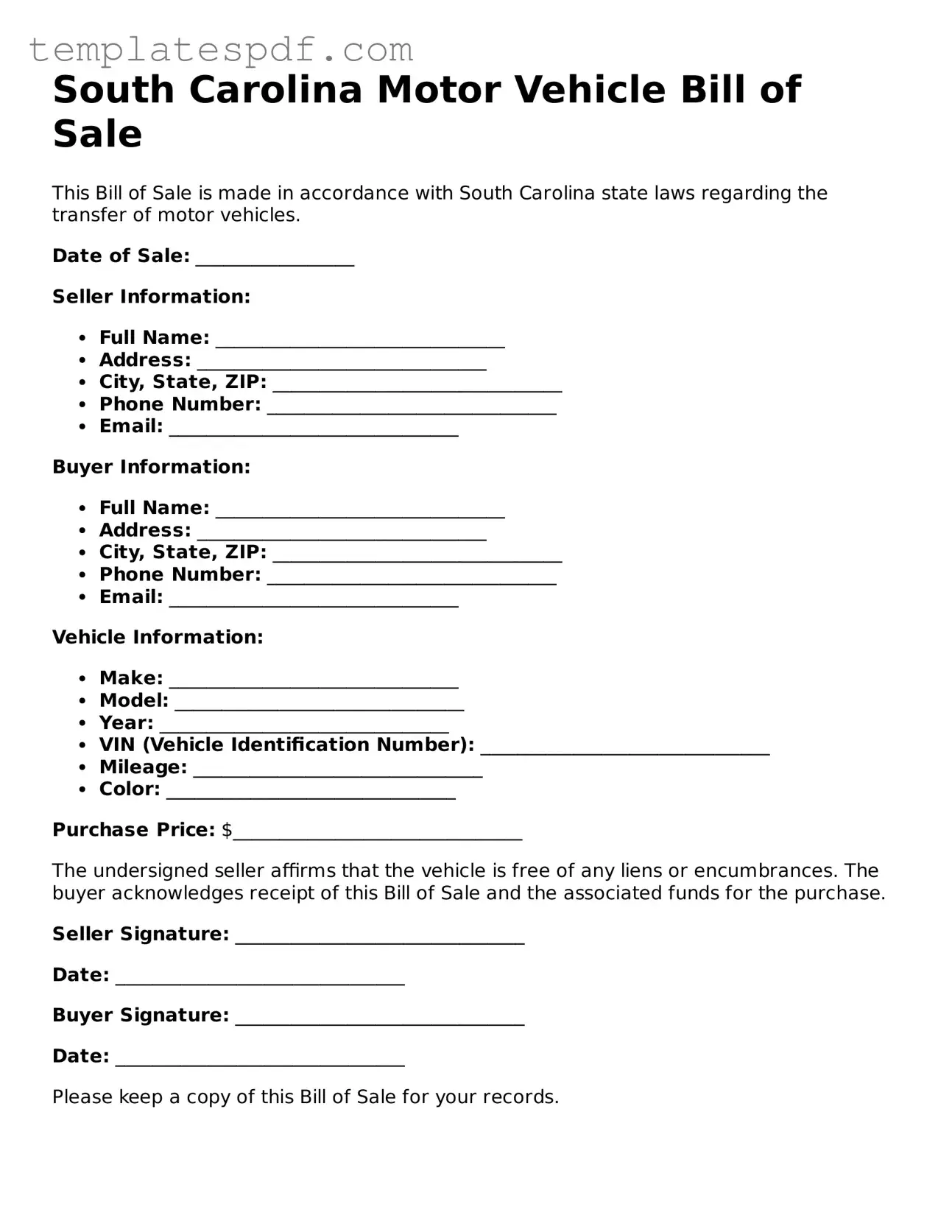 Official  Motor Vehicle Bill of Sale Form for South Carolina