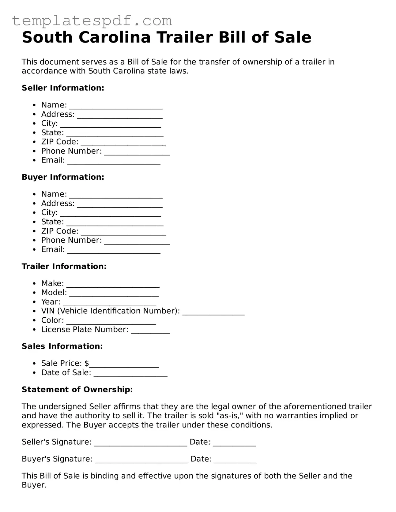 Official  Trailer Bill of Sale Form for South Carolina