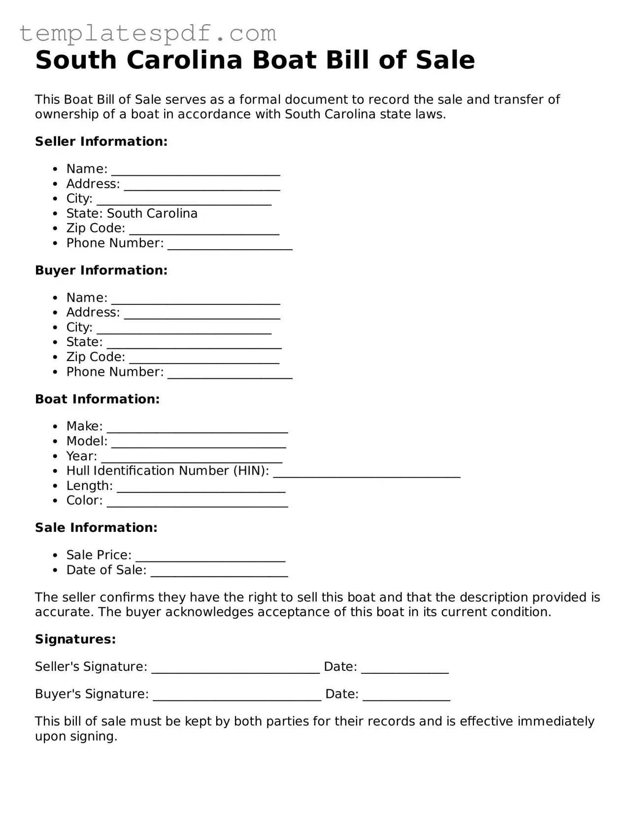 Official  Boat Bill of Sale Form for South Carolina