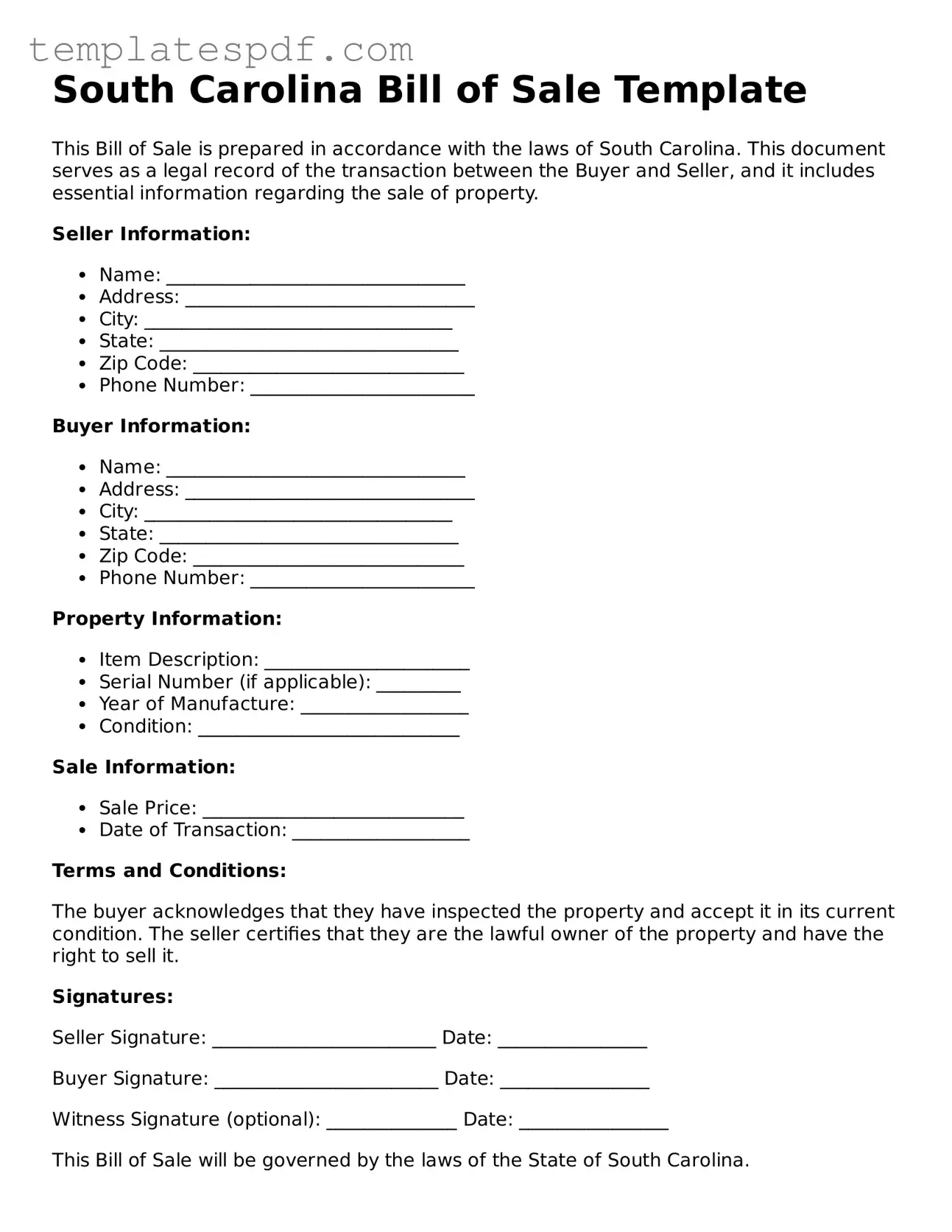 Official  Bill of Sale Form for South Carolina