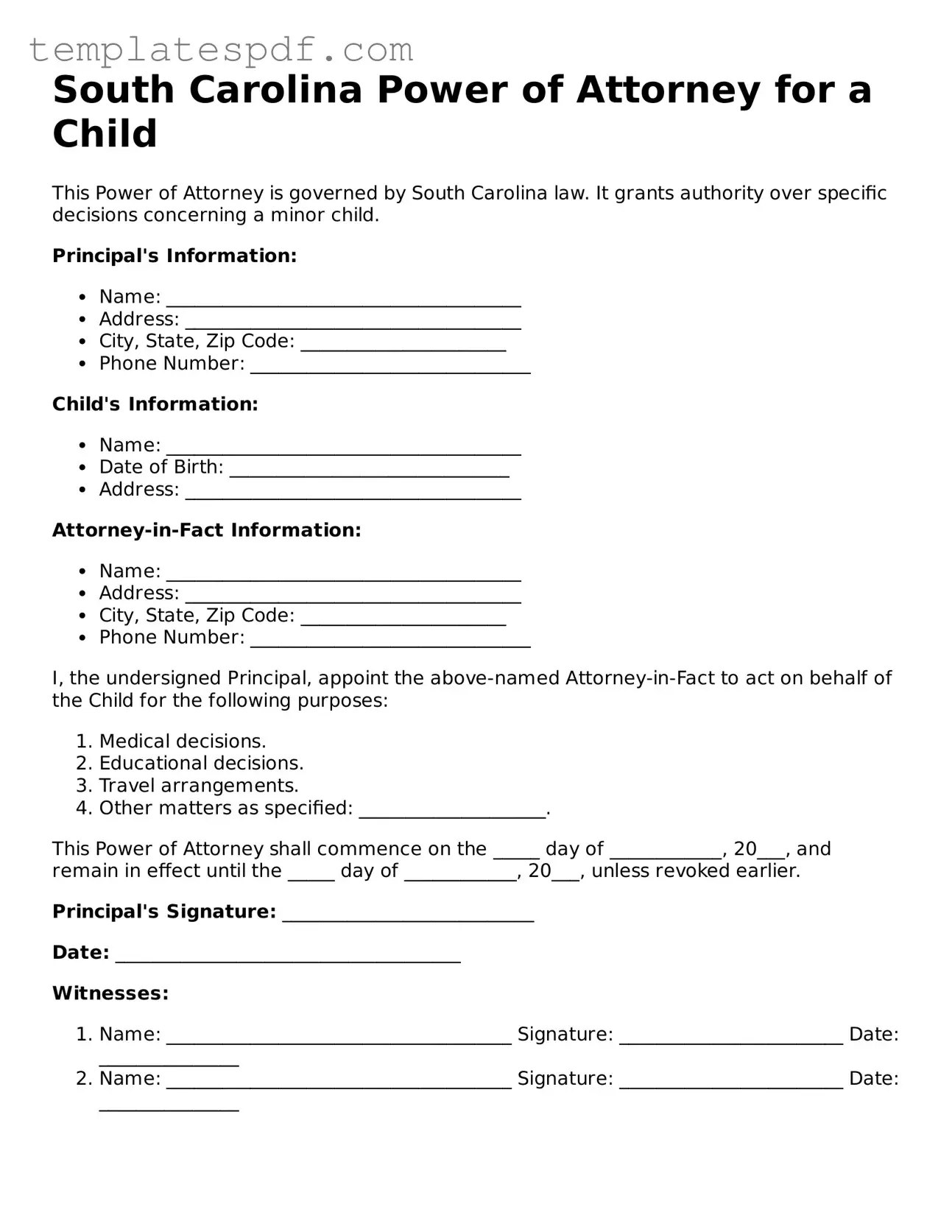 Official  Power of Attorney for a Child Form for South Carolina