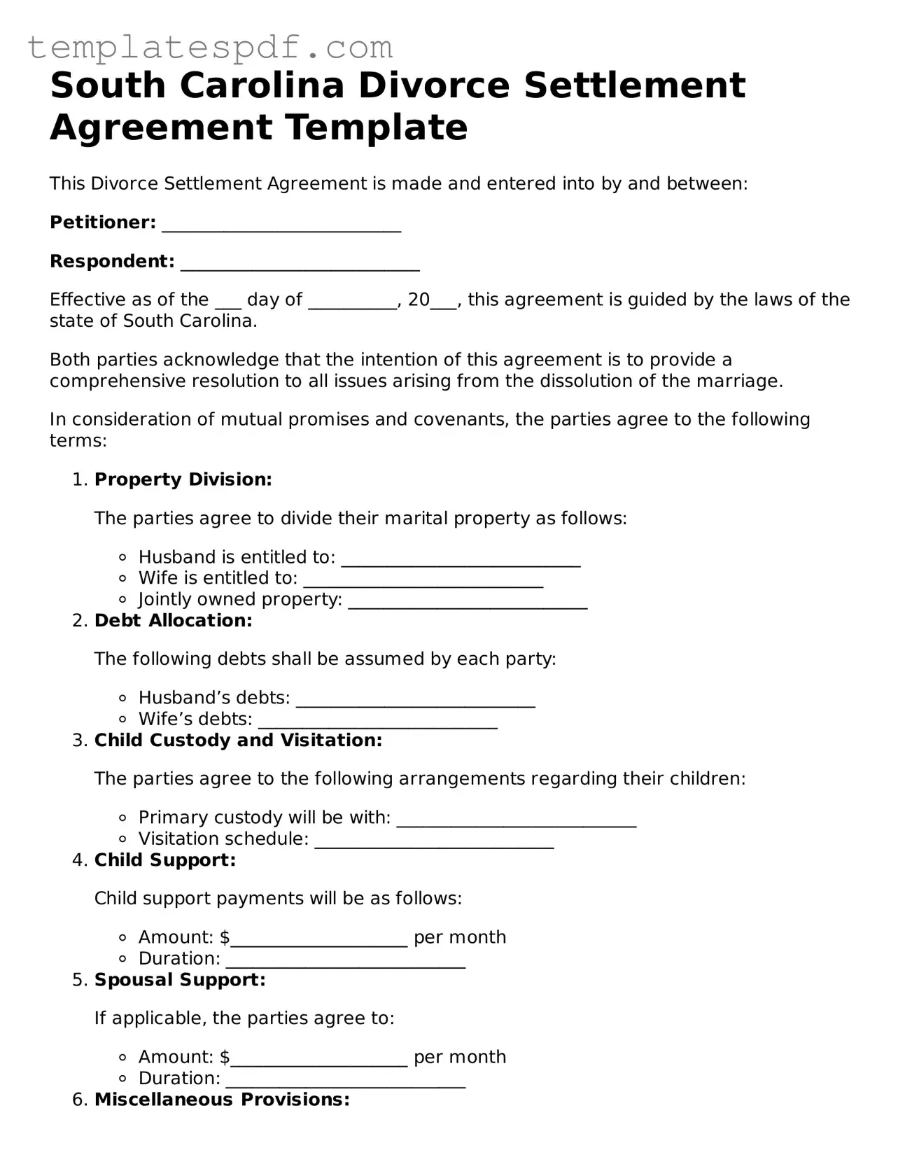 Official  Divorce Settlement Agreement Form for South Carolina