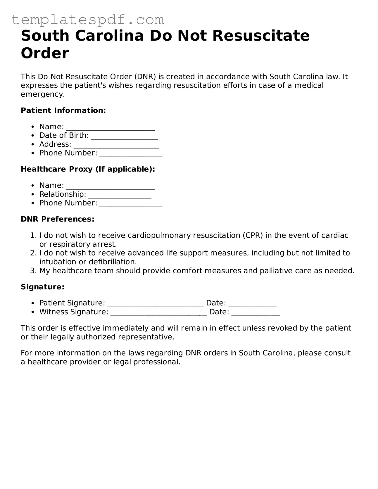 Official  Do Not Resuscitate Order Form for South Carolina