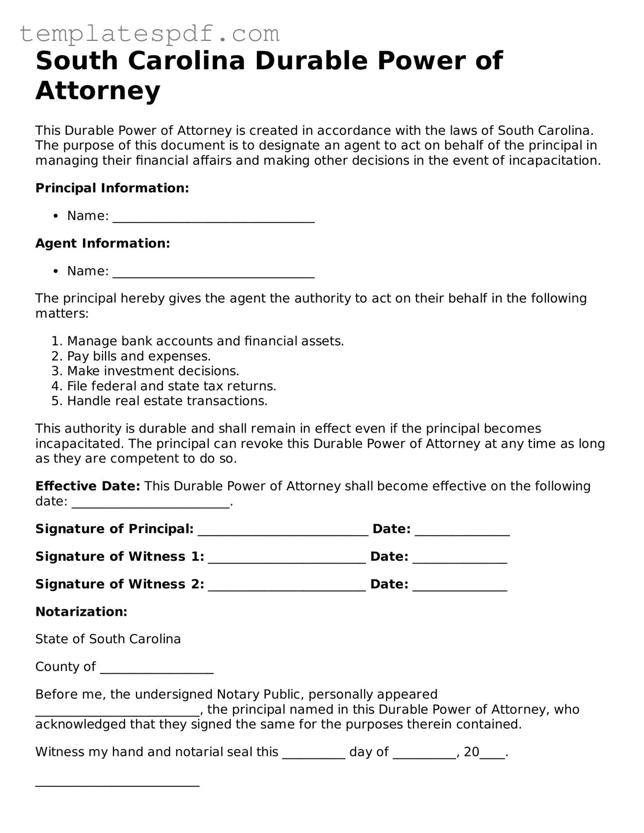 Official  Durable Power of Attorney Form for South Carolina