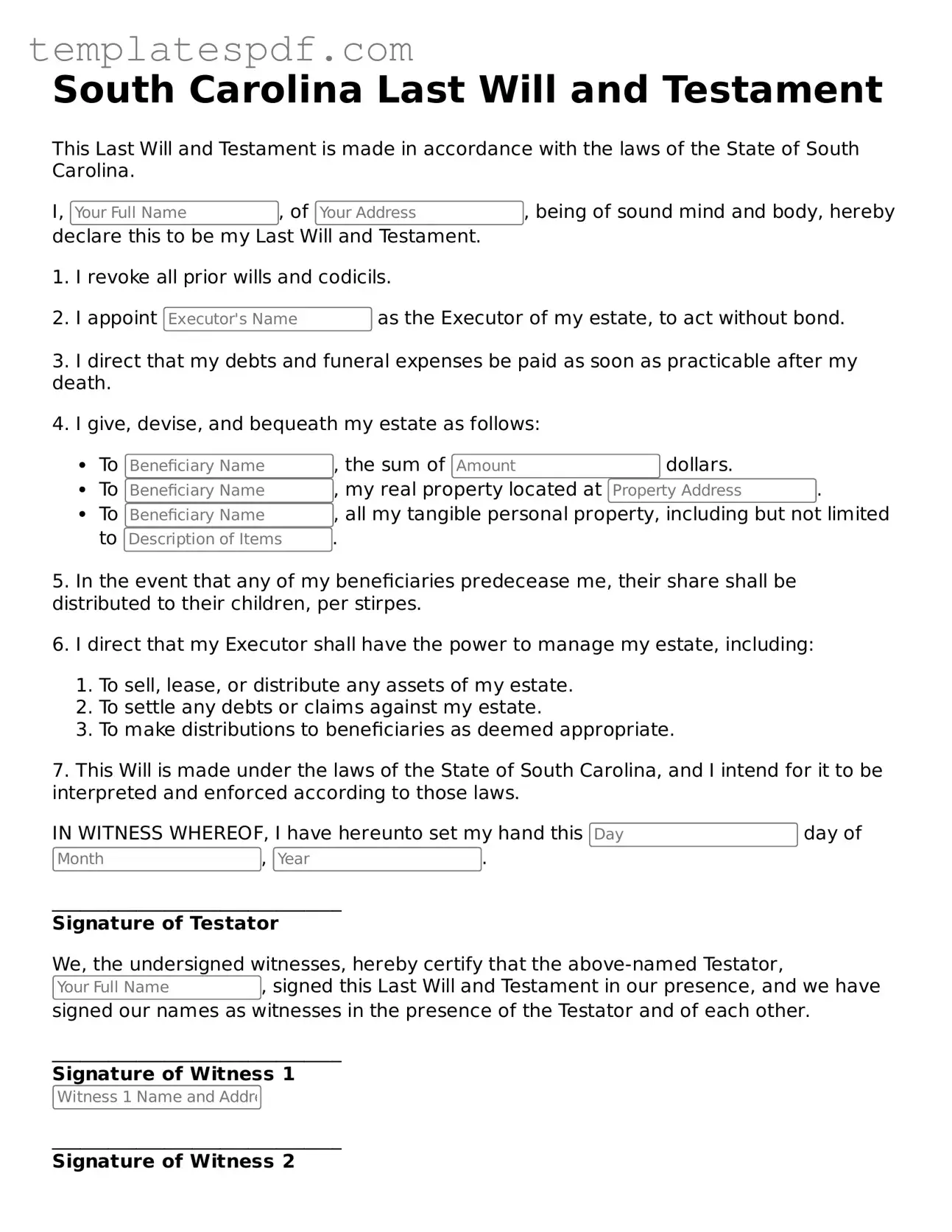 Official  Last Will and Testament Form for South Carolina