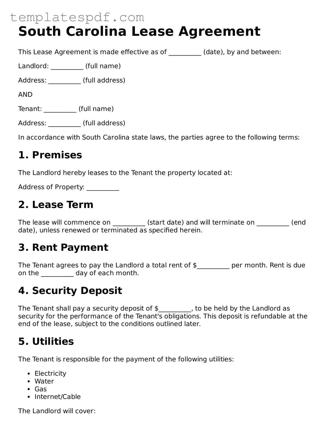 Official  Lease Agreement Form for South Carolina