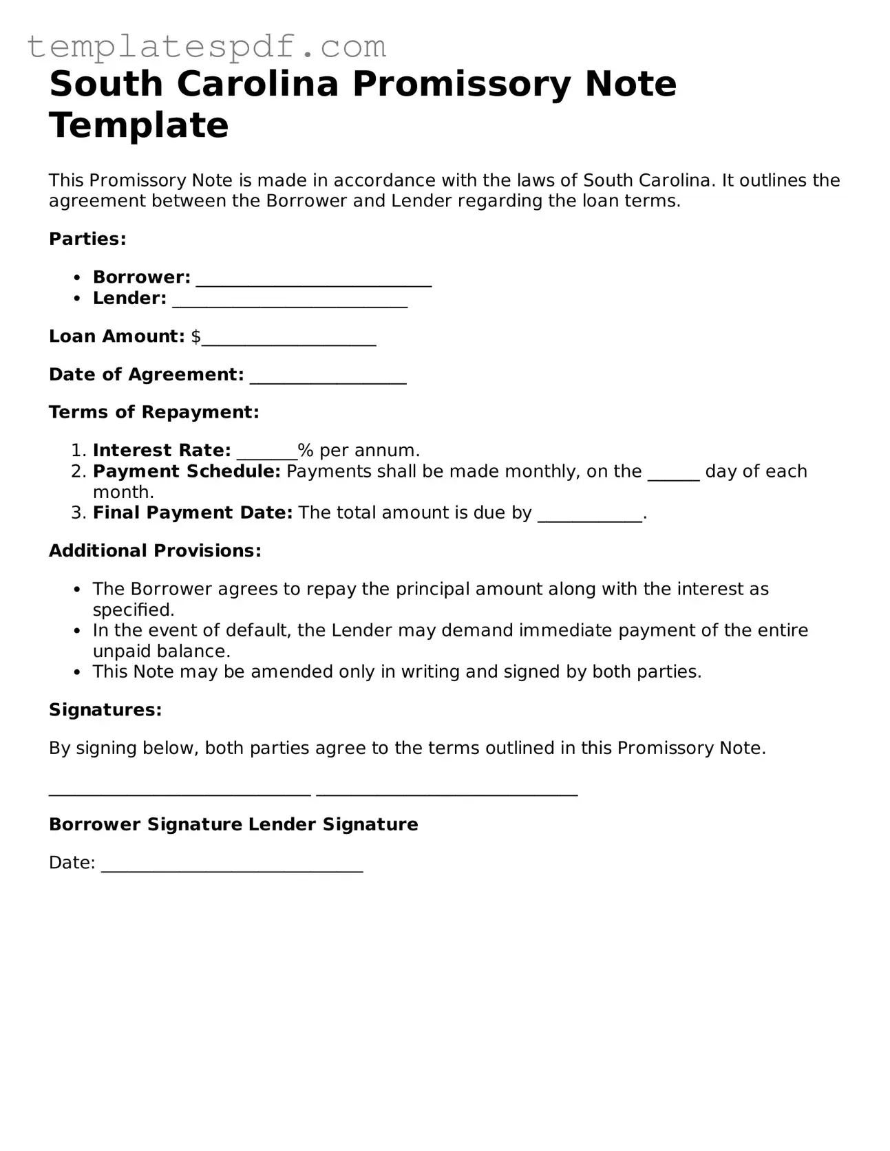 Official  Promissory Note Form for South Carolina