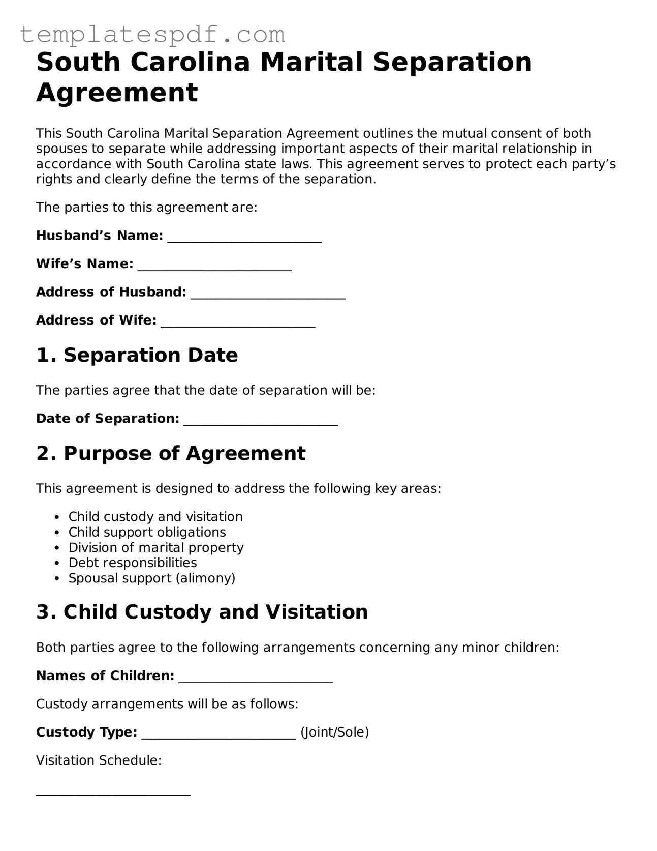 Official  Marital Separation Agreement Form for South Carolina