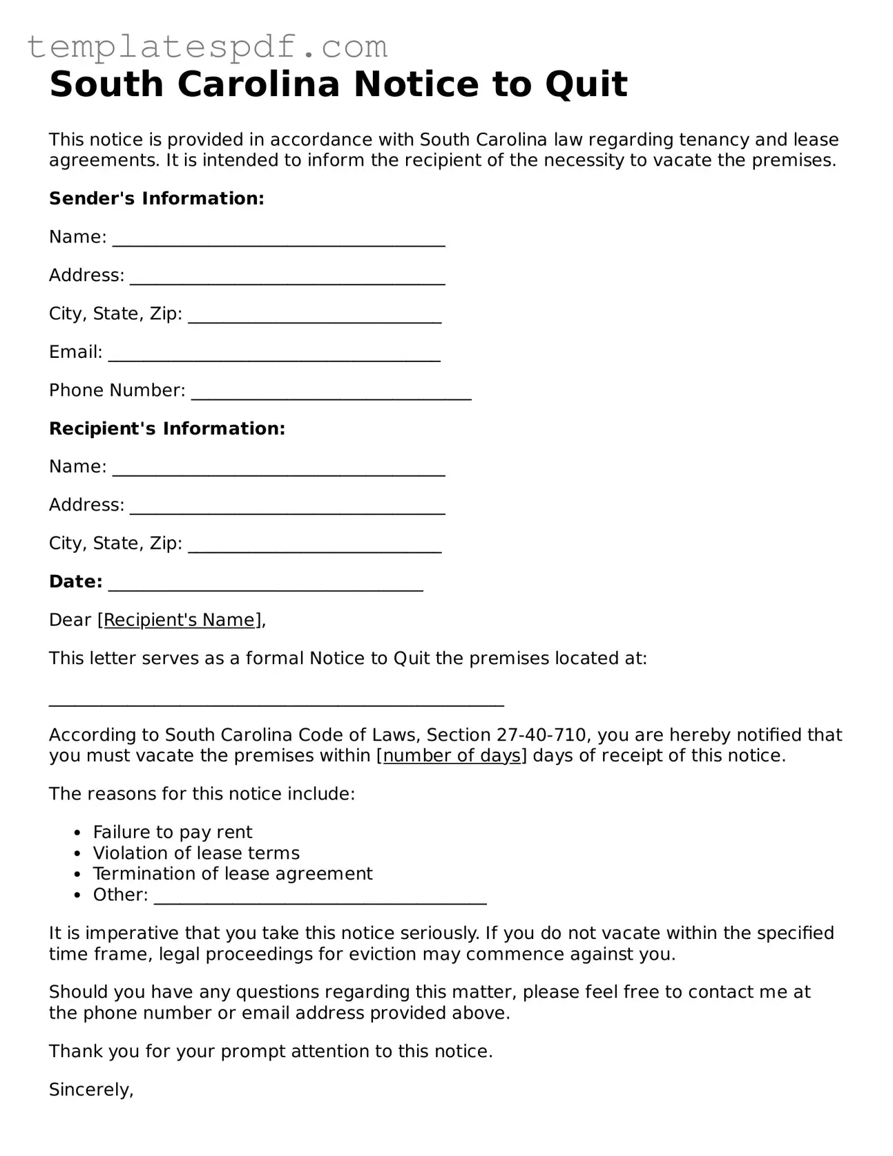 Official  Notice to Quit Form for South Carolina