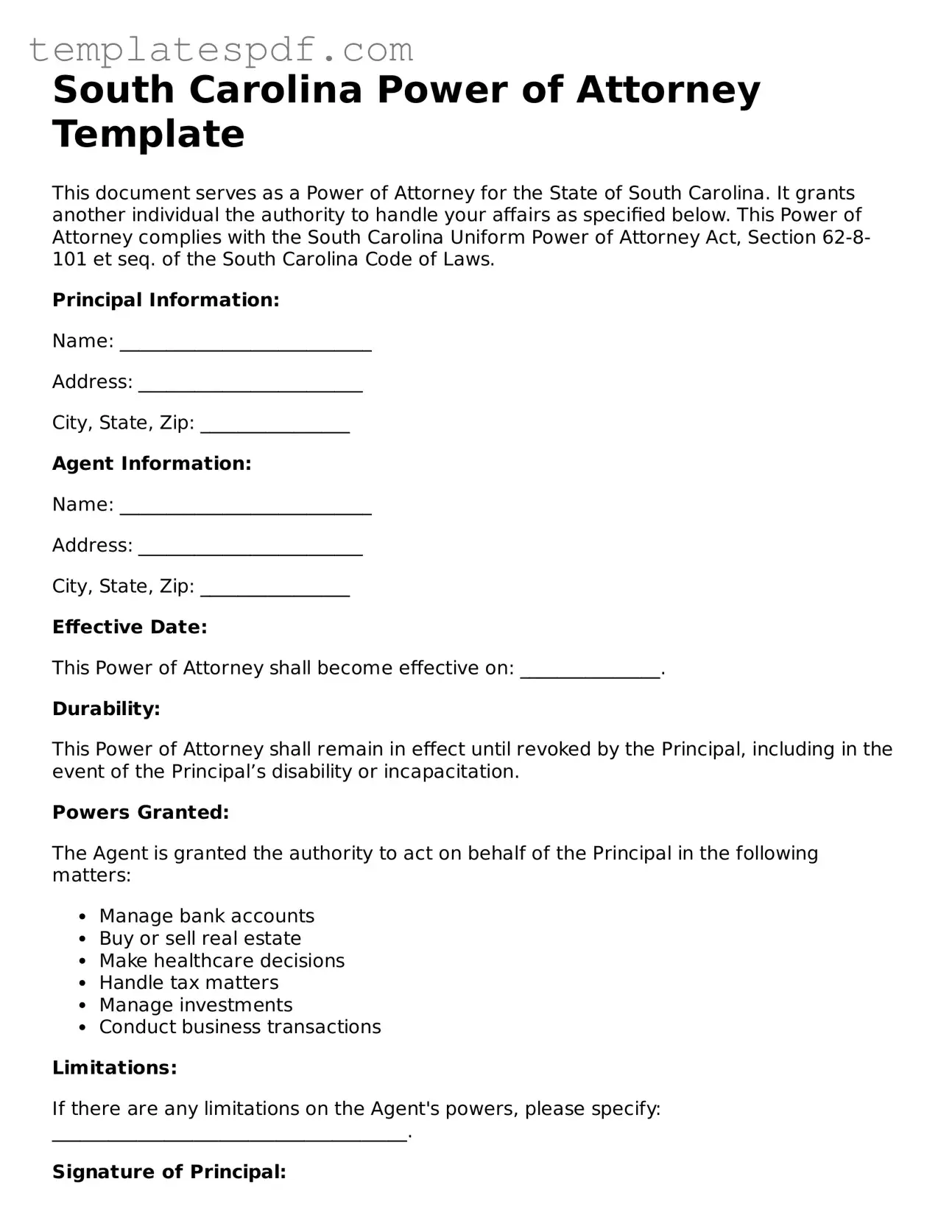 Official  Power of Attorney Form for South Carolina
