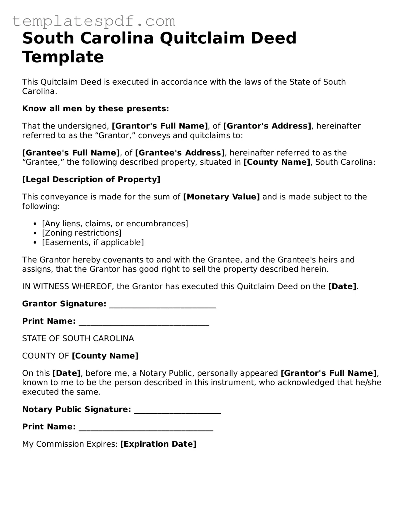 Official  Quitclaim Deed Form for South Carolina