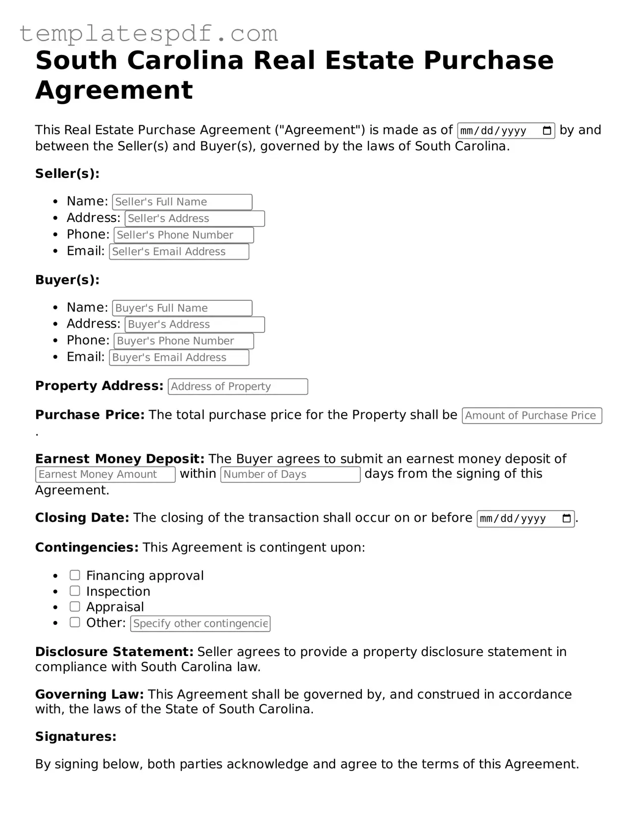 Official  Real Estate Purchase Agreement Form for South Carolina