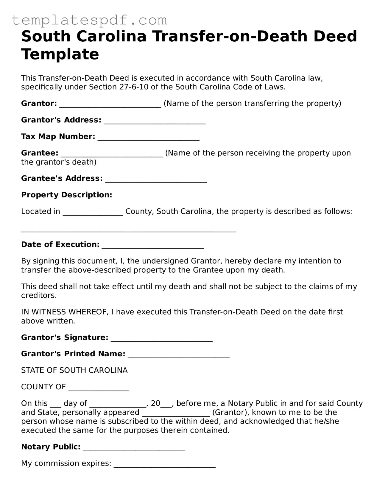 Official  Transfer-on-Death Deed Form for South Carolina