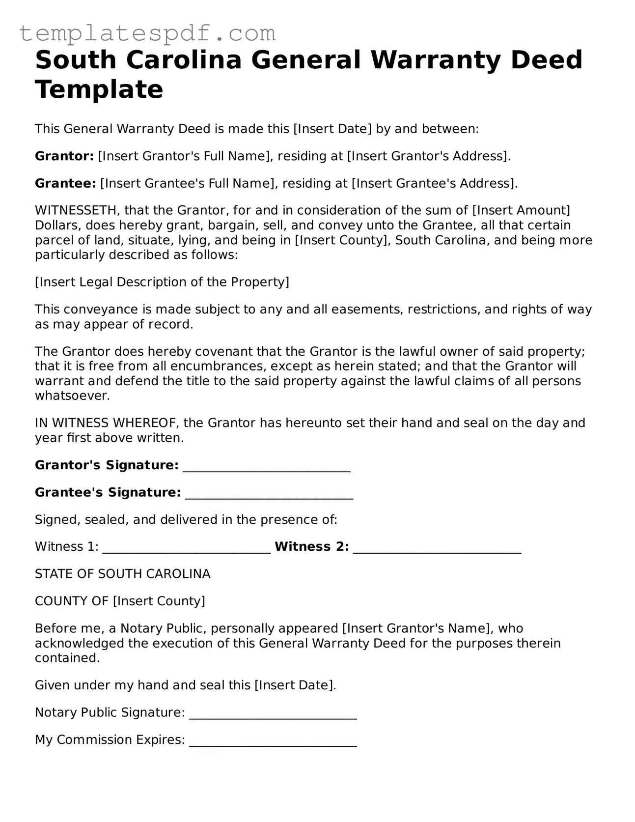 Official  Deed Form for South Carolina