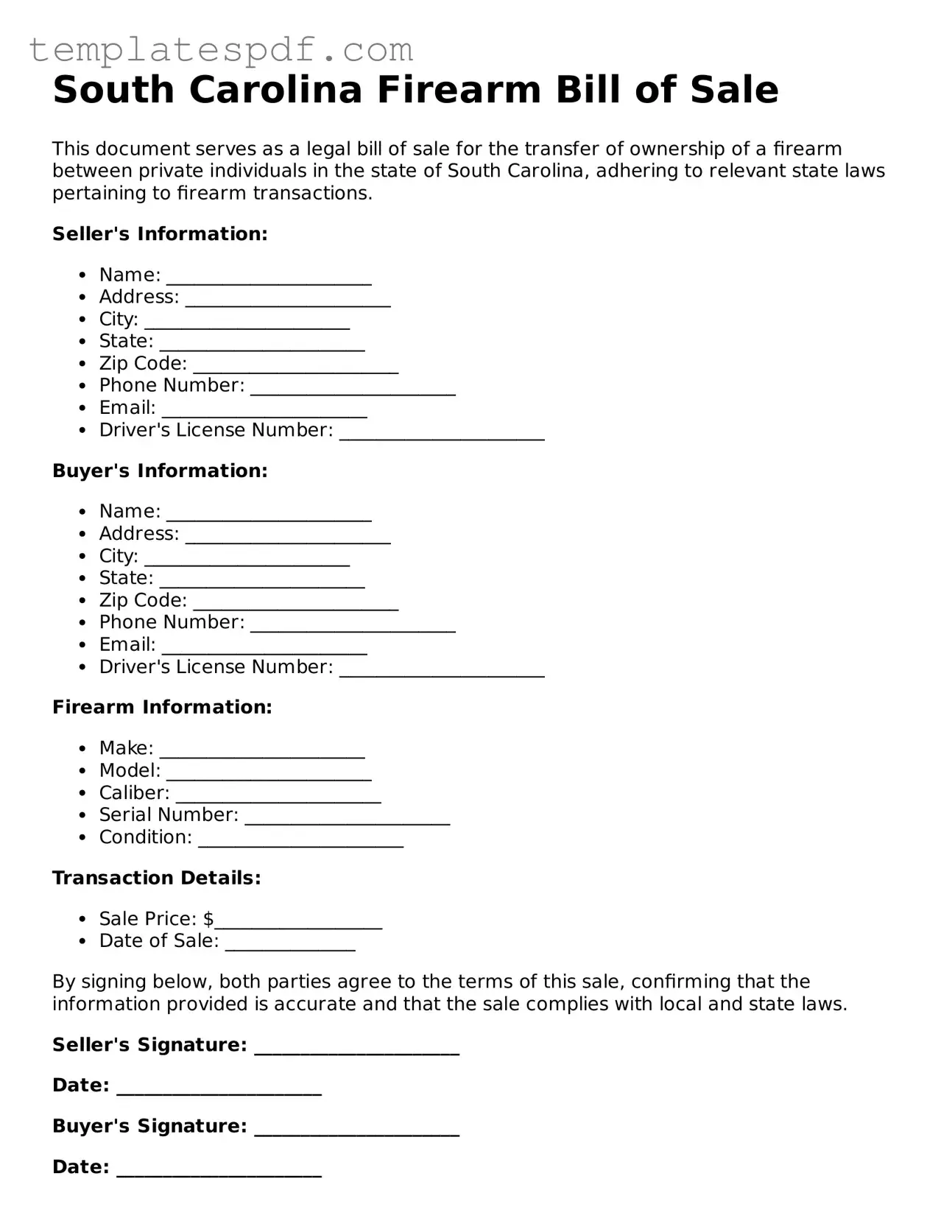Official  Firearm Bill of Sale Form for South Carolina