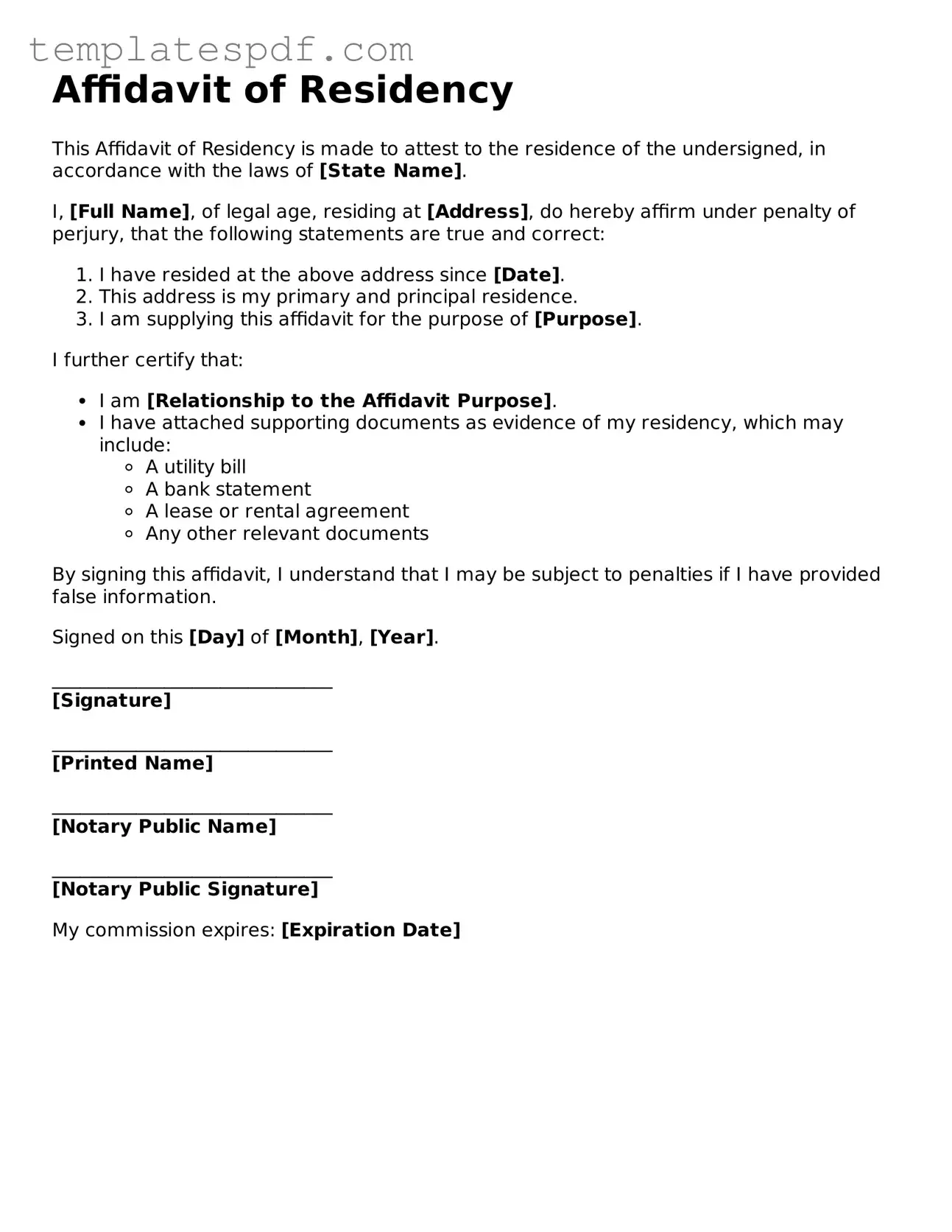 Printable Affidavit of Residency Form