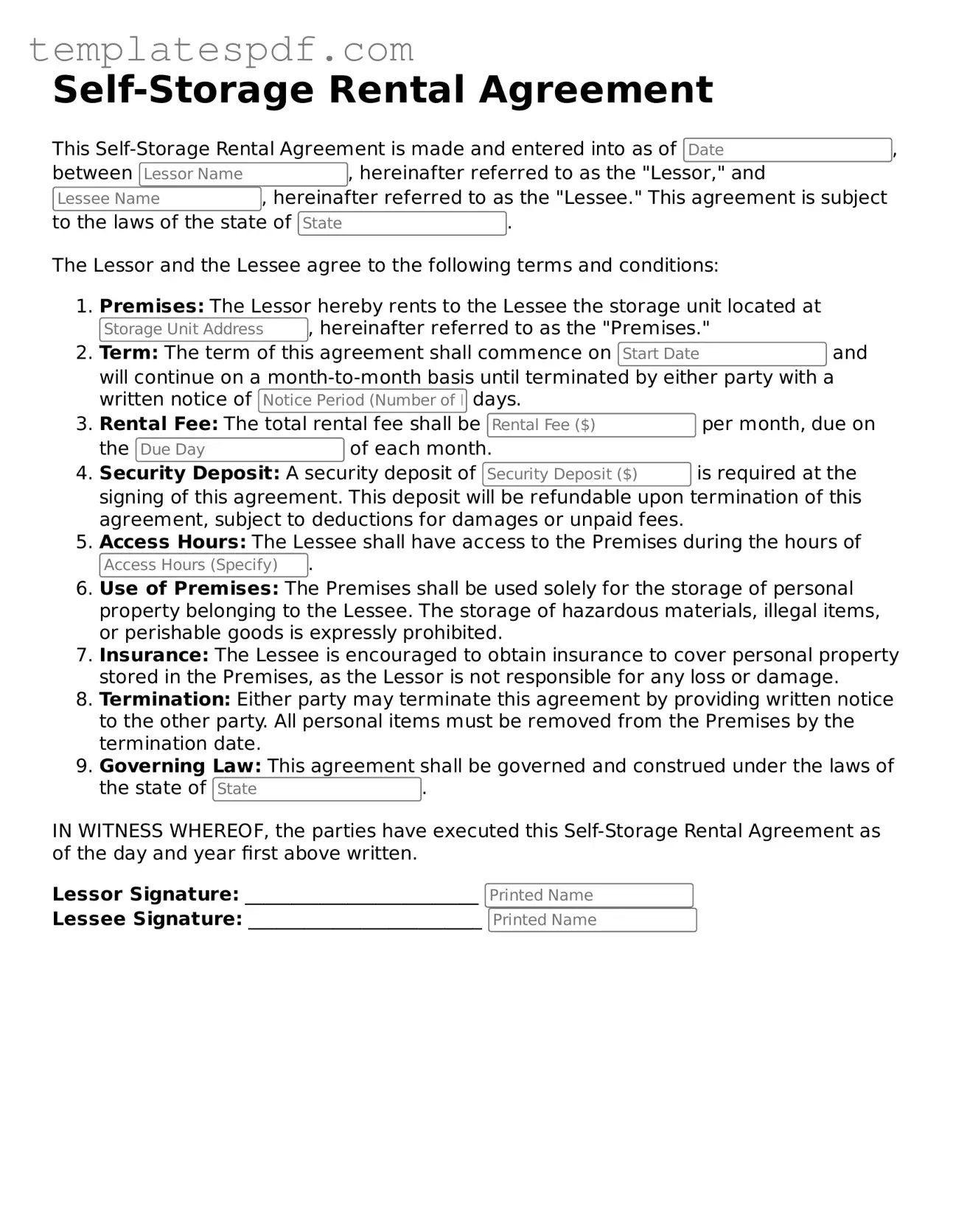 Printable Self-Storage Rental Agreement Form