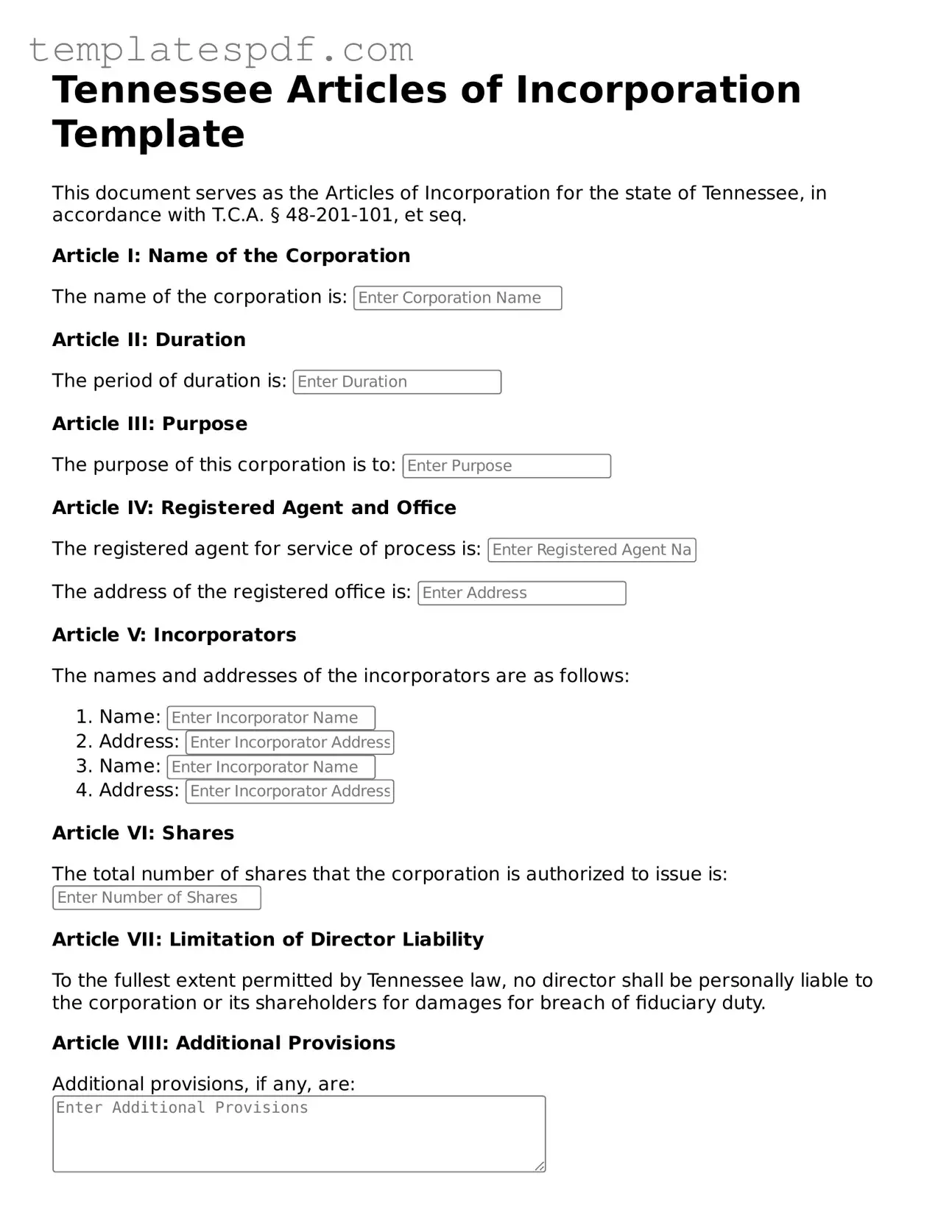 Official  Articles of Incorporation Form for Tennessee